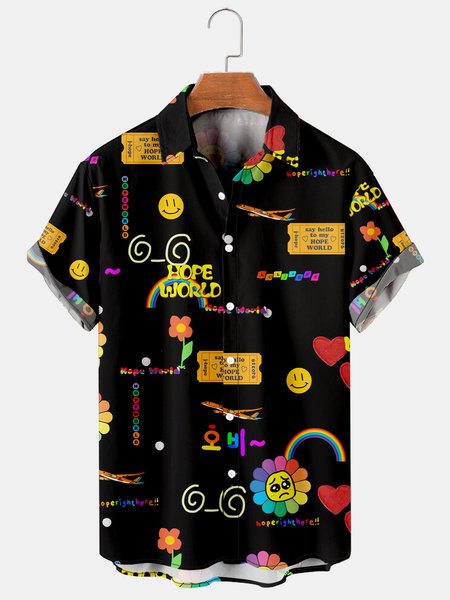 

Men's Rainbow Print Casual Short Sleeve Hawaiian Shirt, Black, Men's Floral shirt