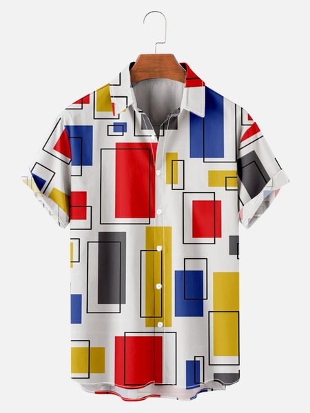 

Mens Geometric Contrast Print Casual Breathable Hawaiian Short Sleeve Shirt, Red, Men's Floral shirt