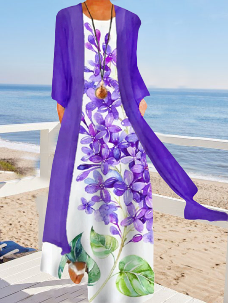 

Floral Print Two-Piece Loose Resort Beach Dress Vacation Floral Two Piece Sets, Purple, Floral Dresses