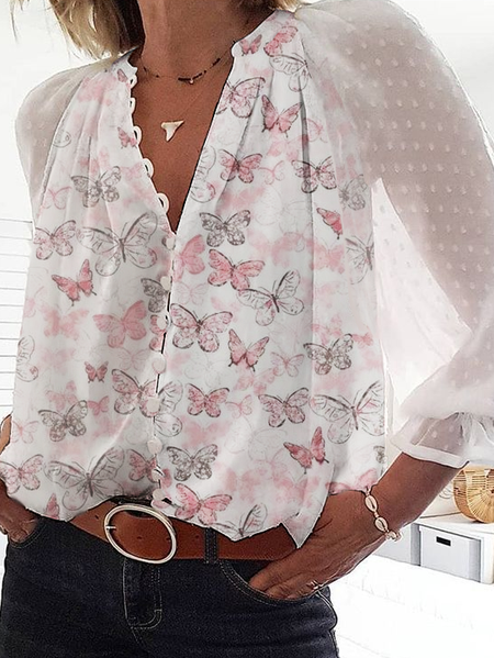 

Floral Loosen Casual Long Sleeve Tops, Off white, Tops