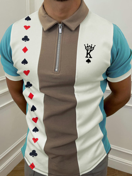 

Casual Art Collection Striped Geometric Color Block Lapel Short Sleeve Polo Print Top, White, Men's t-shirts