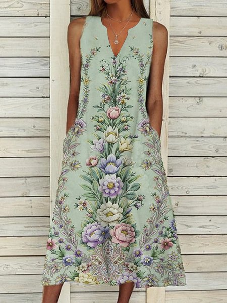 

V Neck Floral Sleeveless Woven Dress, Green, Dresses