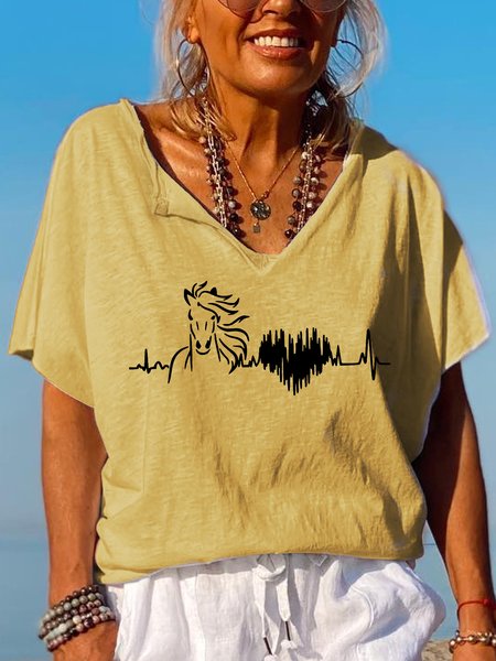 

Casual Simple Horse Heart Print Lapel T-Shirt, Yellow, T-shirts