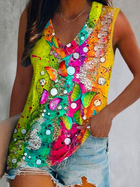 Cotton Blends Casual Butterfly Knit Tank Tops, As picture, Tank Top