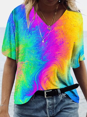 

Casual Cotton Blends V Neck Short Sleeve Tops, Multicolor, T-Shirts