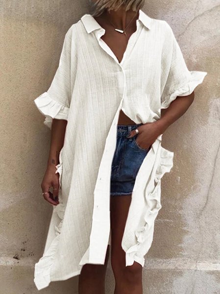 

Solid Shirt Collar Cotton Short Sleeve Woven Dress, White, Mini Dresses