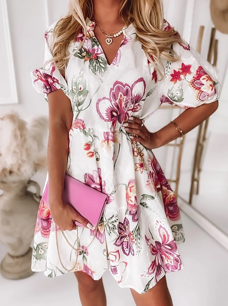 

Plus size Floral Printed Casual Dress, White, Mini Dresses