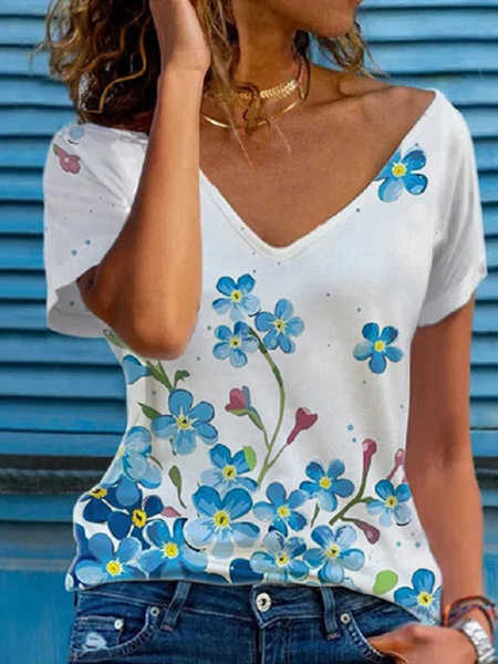 

Floral Casual V Neck Short Sleeve T-Shirt, White, Tees & T-shirts