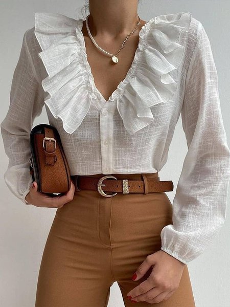 Regular Fit V Neck Elegant Long Sleeve Blouse, White, Blouses and Shirts