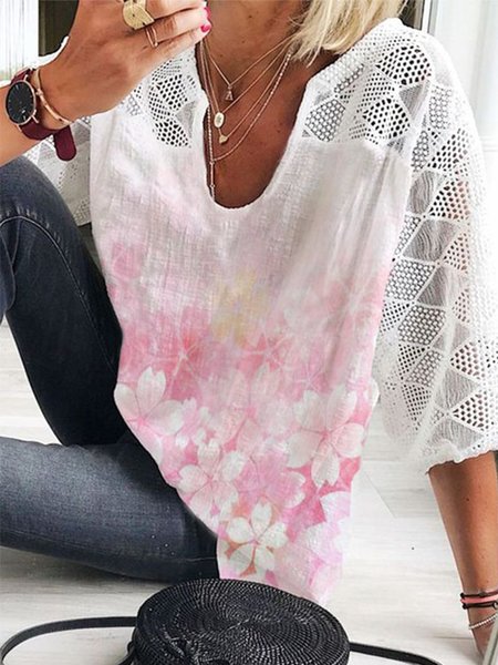 

V Neck Casual Long Sleeve Tops, White, Tops