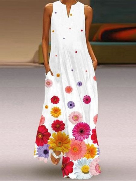 

Floral Pockets Casual Sleeveless Loosen A-line Dresses, White, Maxi Dresses