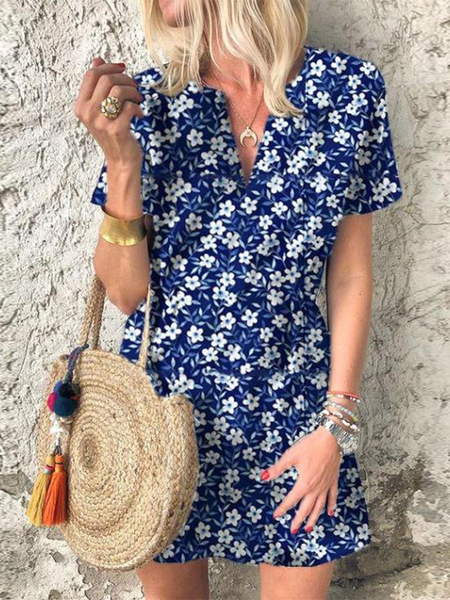 

Vacation V Neck Regular Fit Short Sleeve Woven Dress, Blue, Dresses