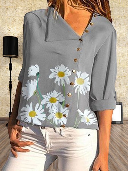 

Floral V Neck Loosen Long Sleeve Tops, Gray, Blouses & Shirts