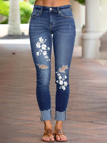 

Denim Floral Slim Fit Jeans, Blue, Jeans