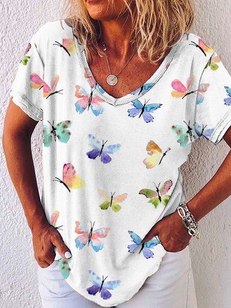 V Neck Loosen Short Sleeve T-Shirt, As picture, T-Shirts