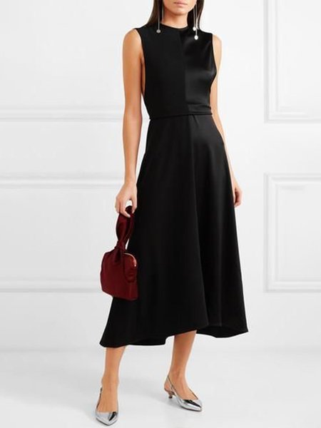 Elegant Crew Neck Satin Dress, Black, Midi Dresses