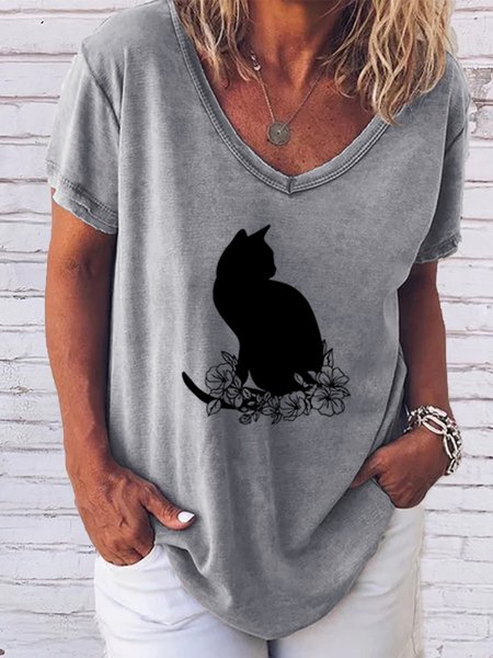 

Casual Simple Cat Floral Print V-Neck T-Shirt, Gray, T-shirts