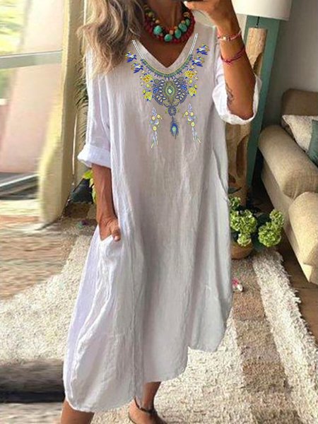 

Ethnic floral print spring new explosion style super nice ladies loose dress, White, Midi Dresses