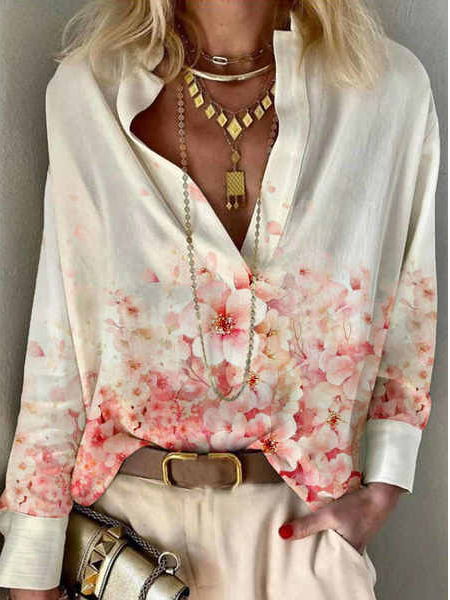 

Floral Loosen Vacation Long Sleeve Tops, White, Blouses & Shirts