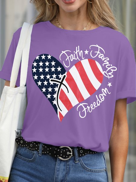 

American Flag Faith Freedom Print Casual Short Sleeve T-Shirt, Purple, T-shirts