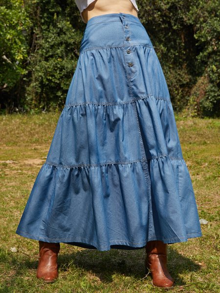 

Loosen Casual Long Denim Skirt, Blue, Skirts