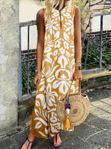

Boho Tribal Sleeveless Woven Dresses, Yellow, Maxi Dresses