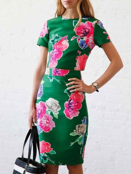 

Daily Regular Fit Crew Neck Floral Two Piece Sets, Green, Dress&Skirts Set