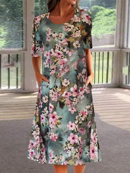 

Round Neck Vacation Regular Fit Short Sleeve Knit Dress, Multicolor, Dresses