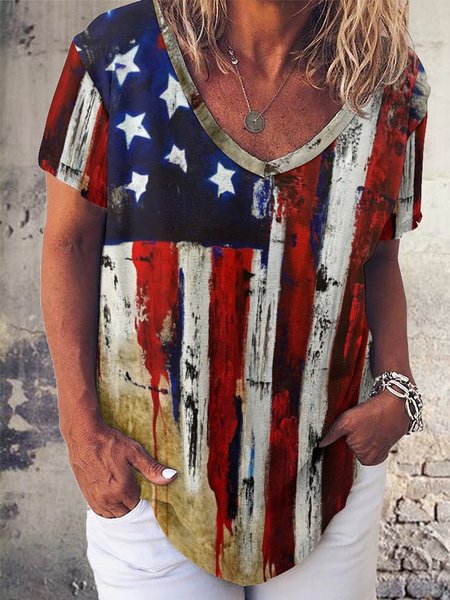 American Flag Print V Neck Casual Short Sleeve T-Shirt