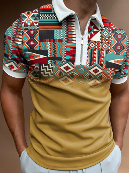 

Casual Art Collection Striped Geometric Color Block Lapel Short Sleeve Polo Print Top, Yellow, Men's t-shirts