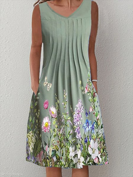 

Floral V Neck Sleeveless Casual Dress, As picture, Mini Dresses