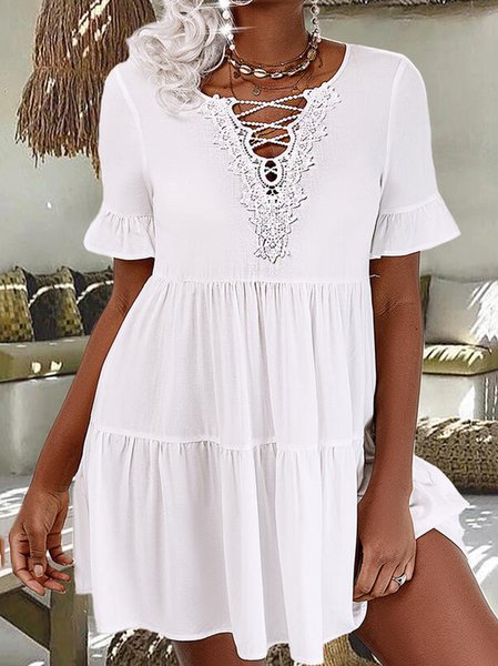 

V Neck Hollow Out Guipure Short Sleeve Woven Dress, White, Mini Dresses