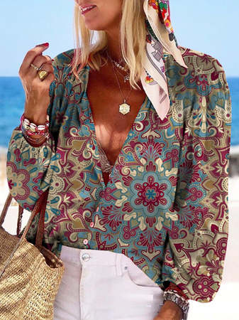 

Vacation V neck Loosen Tribal Long Sleeve Tops, Multicolor, Blouses & Shirts