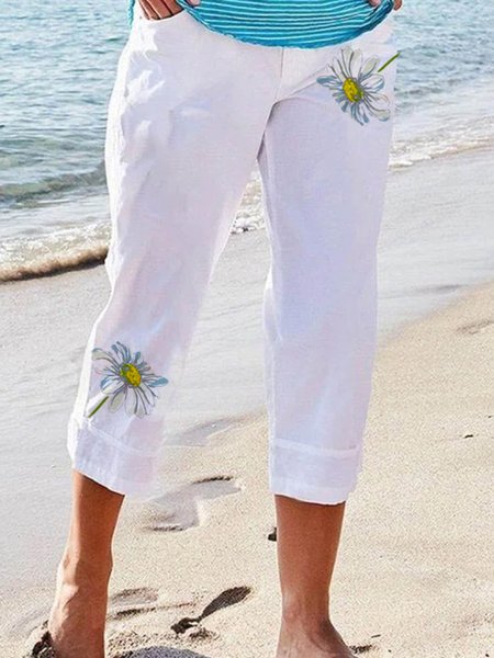

Vacation Floral Printed Cotton Casual Loosen Pants, White, Pants