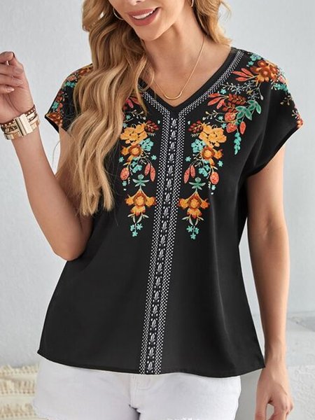 

Casual V Neck Cotton Blends Floral Short Sleeve Tops, Black, Shirts & Blouses