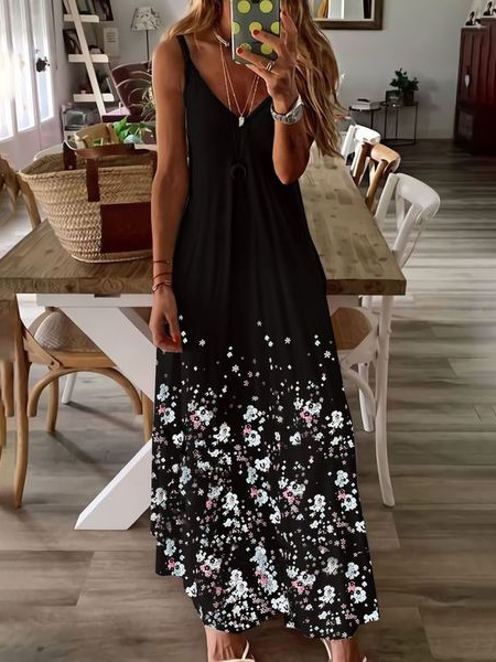 

V Neck Cotton Vacation Short Sleeve Woven Dress, Black, Dresses
