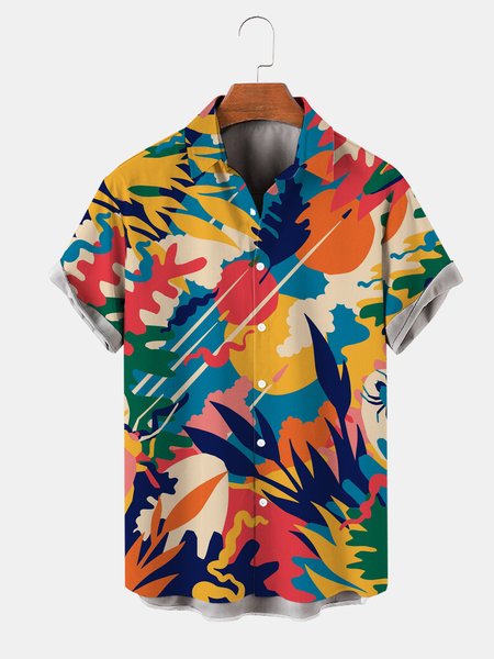 

Men's Art Colorblock Print Casual Short Sleeve Hawaiian Shirt, Multicolor, Men's Floral shirt