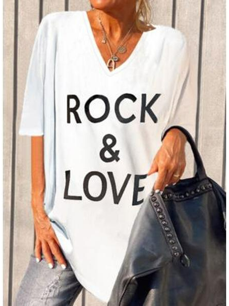 

Loosen Letter V Neck Short Sleeve T-Shirt, White, Tunics