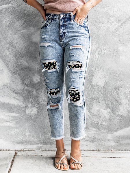 

Floral Ripped Jeans, Blue, Jeans