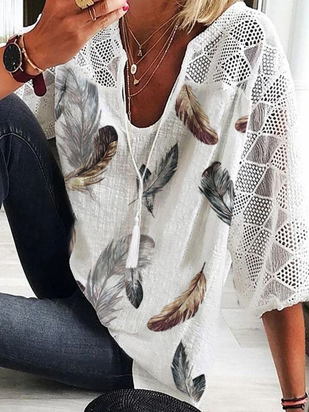 

Plus size Feather Notched Casual Tops, White, Tops