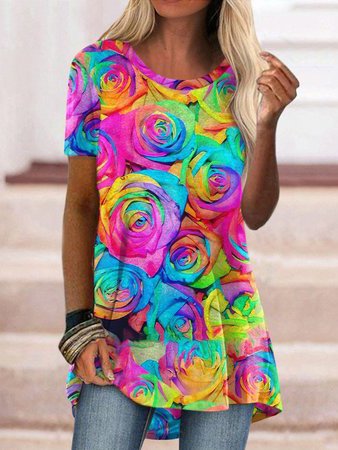 

Crew Neck Vacation Floral Short Sleeve Tops, Multicolor, T-Shirts