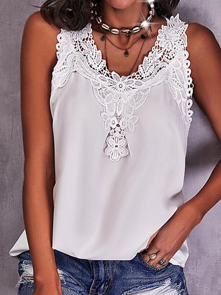 

Casual Guipure Hollow Out Woven Tank, White, Tanks & Camis