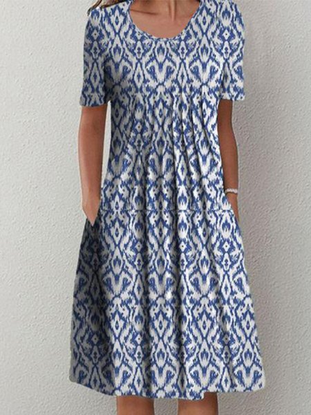 

Casual Crew Neck Geometric Short Sleeve Woven Dress, Blue, Mini Dresses