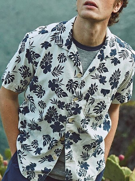 

Men's Botanical Print Short Sleeve Shirt, Blue, Shirts ＆ Blouse
