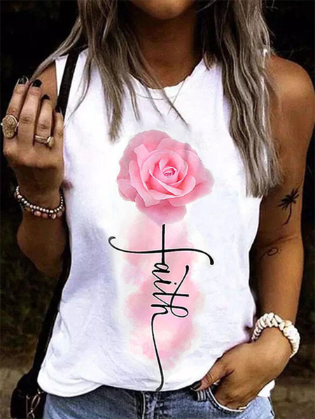 

Floral Crew Neck Casual Knit Tank, White, Tank Top