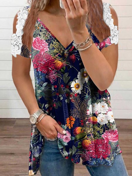 

Romantic Floral Casual Loosen V Neck Tunic Short Sleeve T-Shirt, Flower, T-Shirts