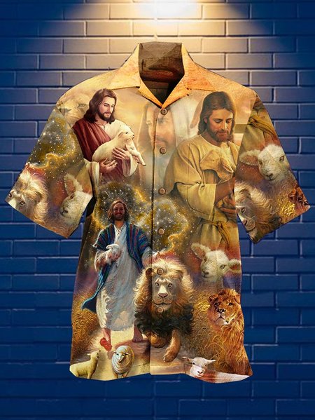 

Mens Easter Jesus Print Round Hem Loose Short Sleeve Hawaiian Shirts, Khaki, Men's Floral shirt