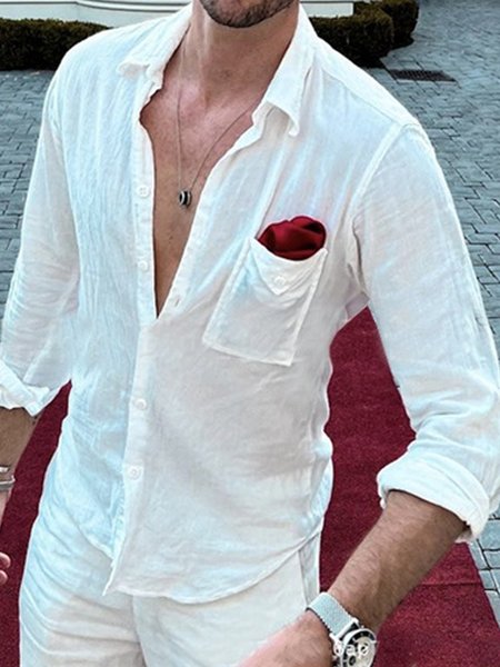 

Men's Casual Cotton Linen Long Sleeve Shirt, White, Shirts ＆ Blouse