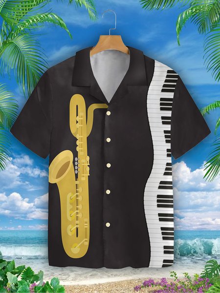 

Mens Music Print Casual Breathable Hawaiian Shirt, Black, Men's Floral shirt