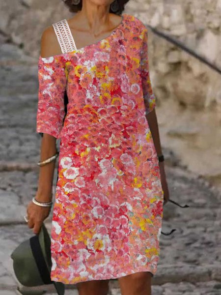 

Vacation Floral Casual Loosen One Shoulder Short Sleeve Midi Woven Dress, Flower, Mini Dresses